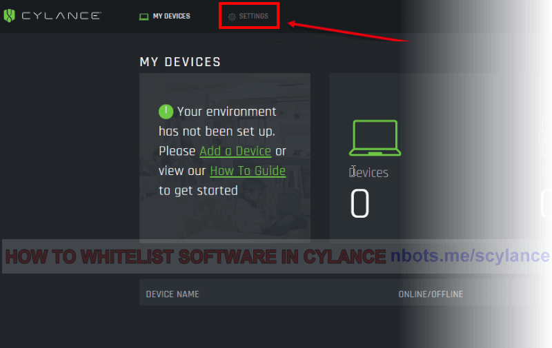Image of 1 Cylance Main Screen Settings Link.