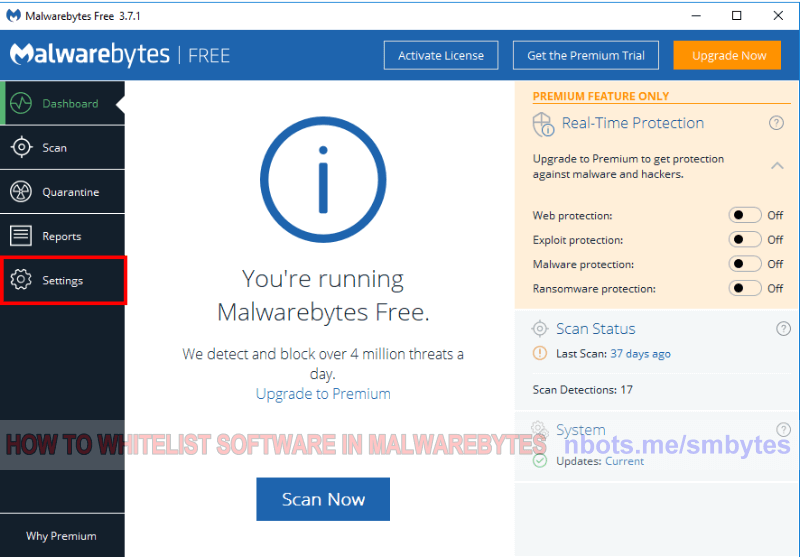 Image of 1 Malwarebytes Main Screen Click Settings Tag.