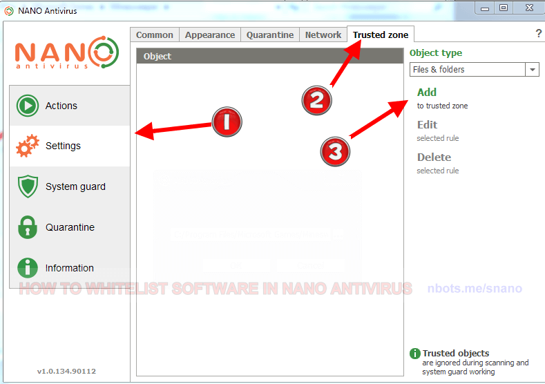 Image of 1 Nano Antivirus Settings Trusted Zone.