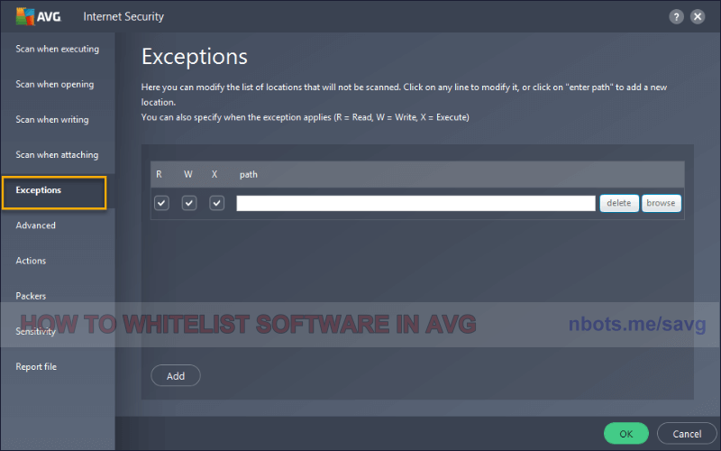Image of 2 Avg File Shield Whitelisting Exceptions Tab.