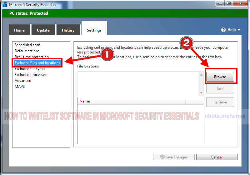 Image of 2 Microsoft Security Essentials Antivirus Settings Browse For Exclusions.