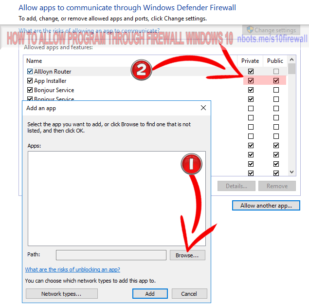 Image of Windows 10 Defender Firewall Add New Software Allowed Internet Access Dialog.