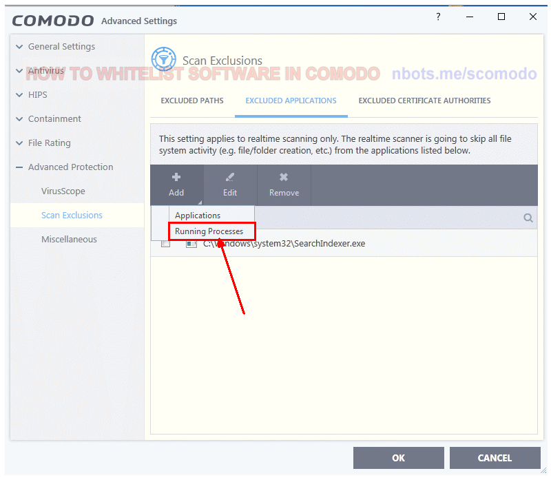 Image of 6 Comodo Antivirus Advanced Add Excluded Running Process.