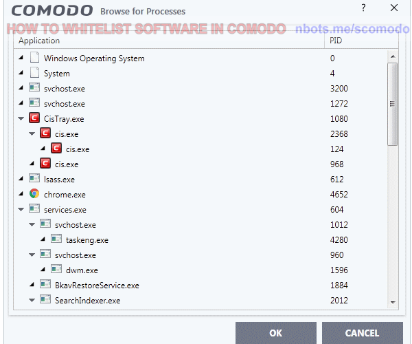 Image of 7 Comodo Antivirus Select Excluded Running Process.