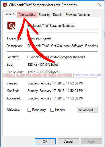 Image of Exe Properties Compatibility Menu.