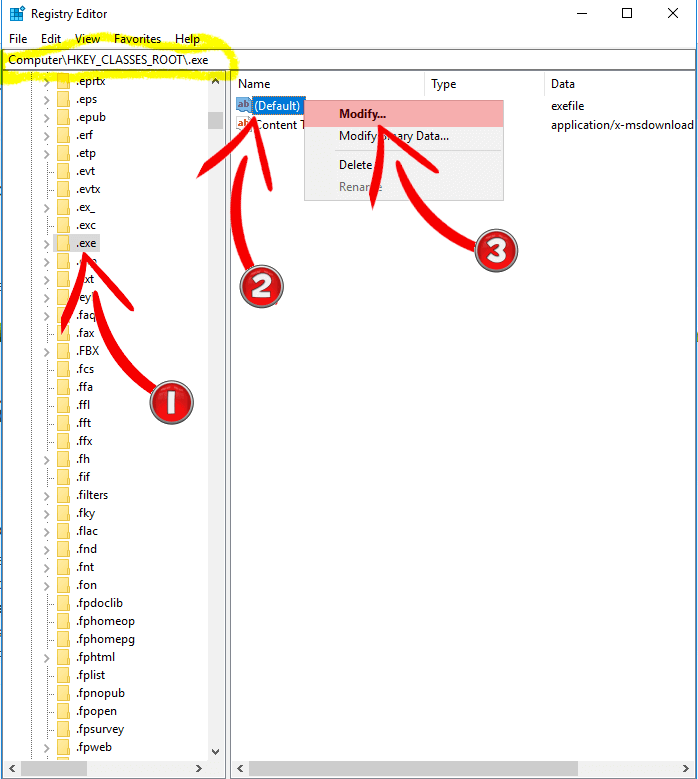 Image of Double Click Exe Nothing Happens Regedit Hkeyclassesroot Exe Right Click Default Modify.