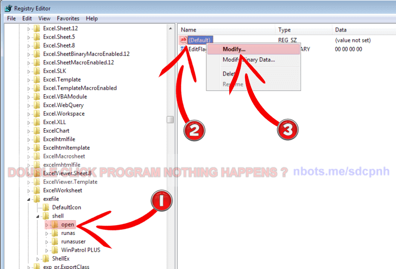 Image of Double Click Exe Nothing Happens Regedit Hkeyclassesroot Exefile Shell Open Right Click Default Modify.