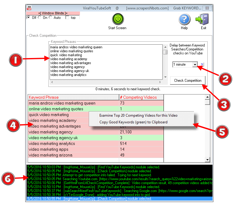 Image of ViralYouTubeSoft 'Check Competition' Software Module with various features and elements highlighted and described.