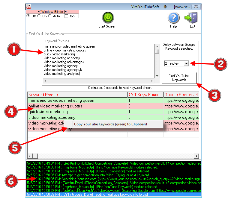 Image of ViralYouTubeSoft 'Find YouTube Keywords' Software Module with various features and elements highlighted and described.