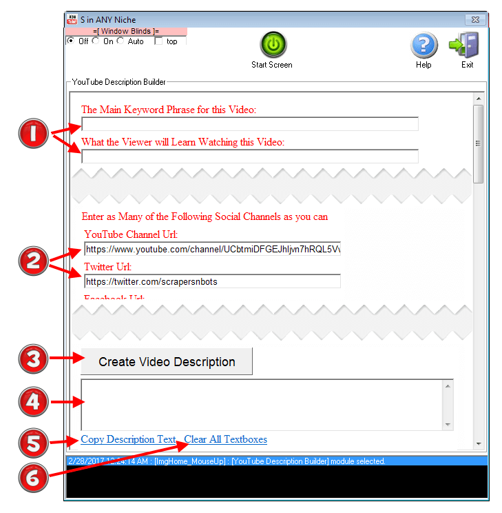 Image of ViralYouTubeSoft 'YouTube Video Description Builder' Software Module with various features and elements highlighted and described.