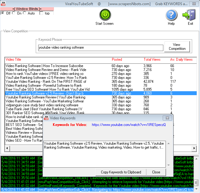 Image of Viral Youtube Soft View Competition Software Module Showing Keyword Phrases Being Extracted.