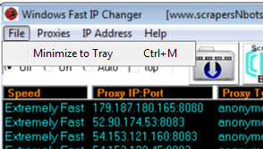 Image of Windows Fast Ip Changer File Menu.