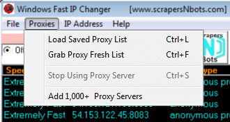 Image of Windows Fast Ip Changer Proxies Menu.