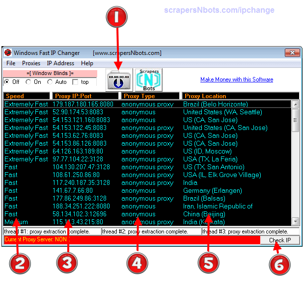 Image of Windows Fast IP Changer Software with program features numbered for instructional purposes.