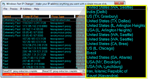 Image of Windows Fast IP Changer Proxy Server List Showing Proxy Server Locations Around the Globe.