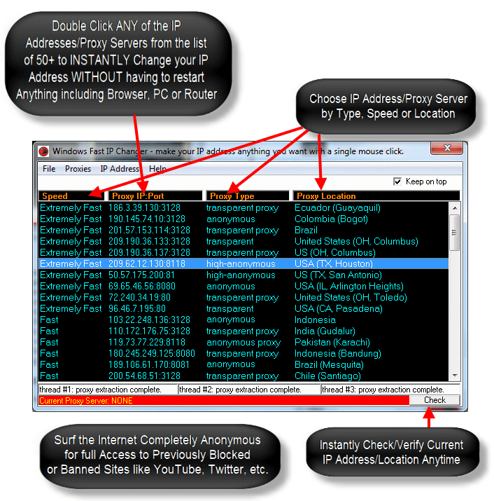 Image of Windows Fast IP Changer software main screen with top features outlined.