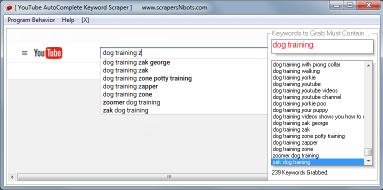 Image of Youtube Autocomplete Keyword Scraper Scrapes 239 Keyword Phrases From Youtube.com In About 15 Seconds..