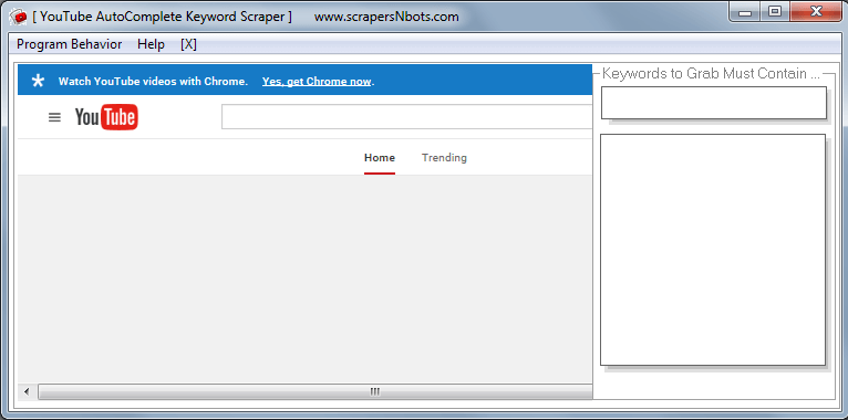 Image of YouTube AutoComplete Keyword Scraper Software when Program First Loads - Start Screen.