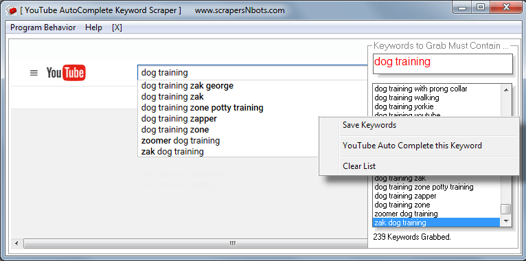 Image of Youtube Autocomplete Keyword Scraper Pop Up Menu Allows You To Save Keywords And Scrape Youtube For Another Keyword Phrase..