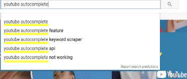 Image of YouTubes Auto Suggest Dropdown Showing Keyword Suggestions.