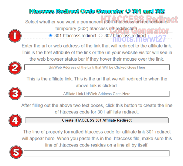 Image of Instructions for Using Htaccess Redirect Code Generator.